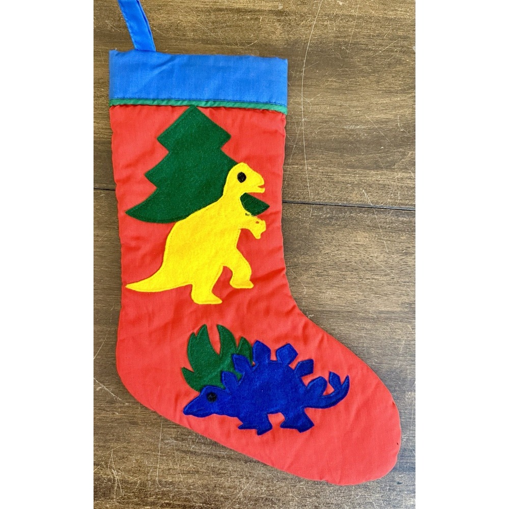 Handmade Dinosaur Christmas Stocking Felt‎ Appliqué Red Blue 18" Vintage